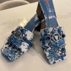 GUESS Blue Floral Mules with Silver Accent